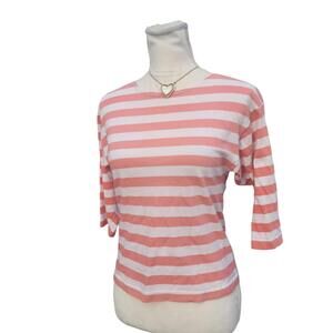 Pink and Cream Striped 3/4 Length Sleeve Top. Size: Small